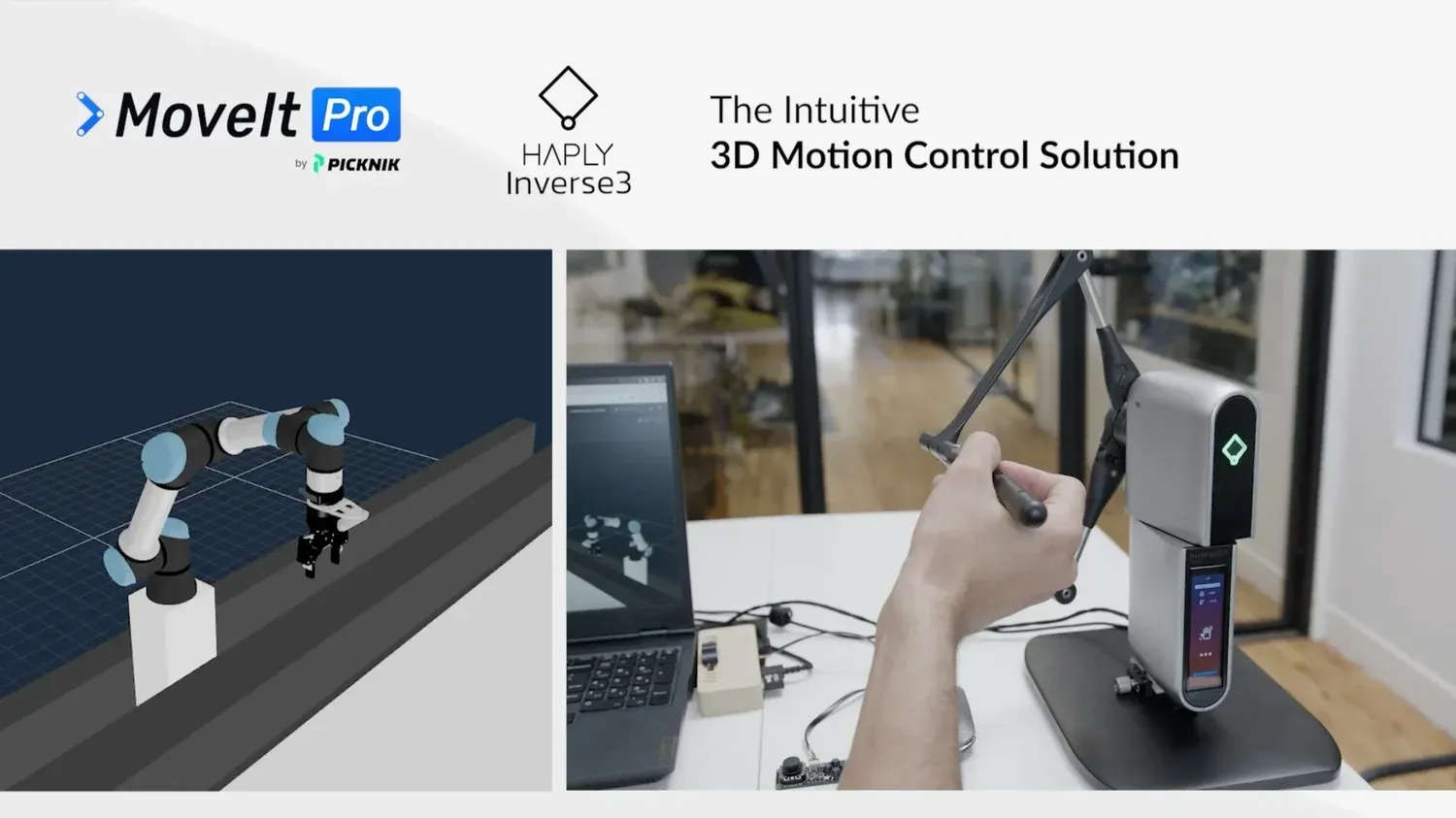 A developer remotely manipulates a robotic arm using the Inverse3 haptic controller integrated with the MoveIt Pro platform for real-time, touch-based robot control